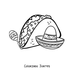 Desenho para colorir de um taco com um chapeu mexicano e uma maraca