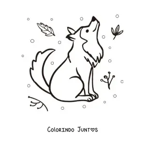 Desenho para colorir de lobo kawaii sentado com folhas