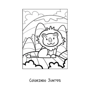 Desenho para colorir de leão animado sentado em paisagem natural