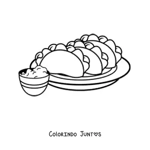 Desenho para colorir de um prato de tacos com guacamole