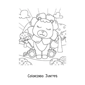 Desenho para colorir de leão fofo sentado em paisagem natural