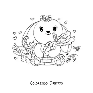Desenho para colorir de coelho kawaii com cenoura e flores