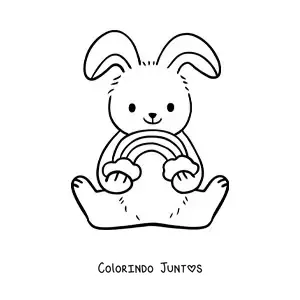 Desenho para colorir de coelho fofo sentado com arco-íris
