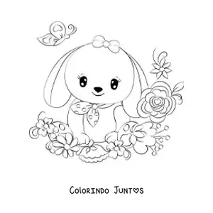 Desenho para colorir de coelho kawaii com orelhas caídas e flores