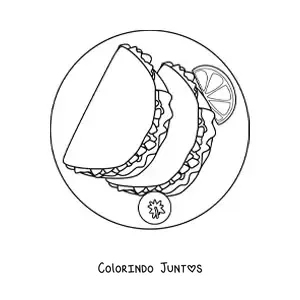 Desenho para colorir de um prato de tacos com um tomate e um pedaco de limao