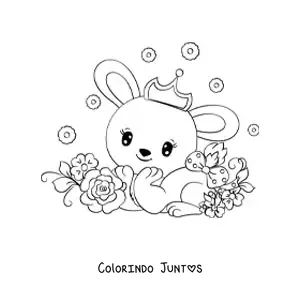 Desenho para colorir de coelho kawaii com coroa e flores