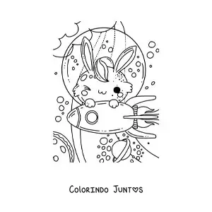 Desenho para colorir de coelho animado em foguete no espaço