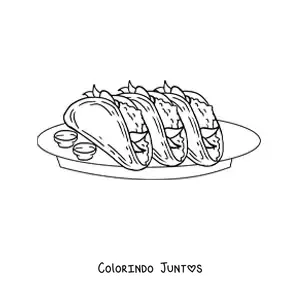 Desenho para colorir de um prato de tacos com molhos