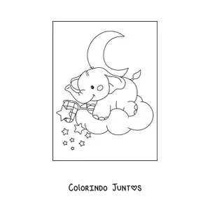 Desenho para colorir de filhote de elefante kawaii pegando estrelas