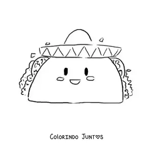 Desenho para colorir de um taco kawaii com um chapeu mexicano