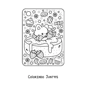 Desenho para colorir de bolo de morango com cachorro kawaii