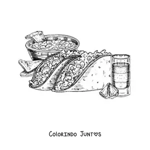Desenho para colorir de dois tacos com um copo de tequila e nachos ao fundo