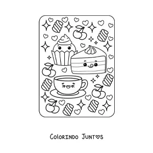 Desenho para colorir de cupcake e bolo doce com café kawaii