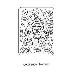 Desenho para colorir de panda-vermelho em um bolo de morango kawaii