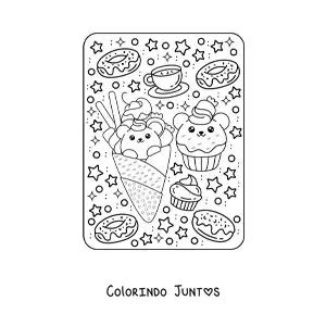 Desenho para colorir de sorvete e cupcake de ursinhos kawaii