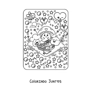 Desenho para colorir de cogumelo e brócolis animados com pintinho kawaii de piquenique