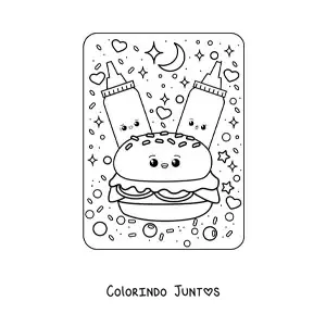 Desenho para colorir de molhos e hambúrguer kawaii grande