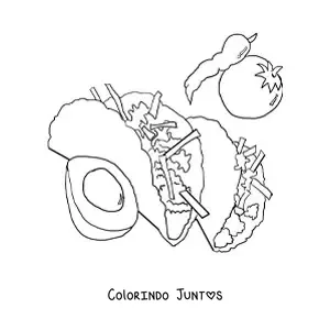 Desenho para colorir de dois tacos com seus ingredientes em volta