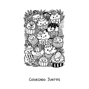 Desenho para colorir de cupcakes kawaii com rabiscos