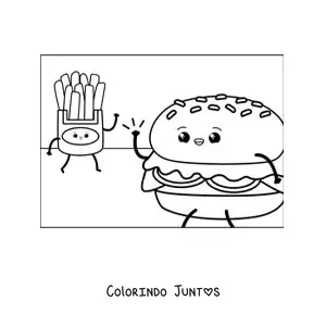 Desenho para colorir de hambúrguer animado com batatas fritas