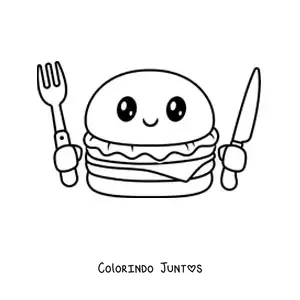 Desenho para colorir de hambúrguer kawaii com talheres