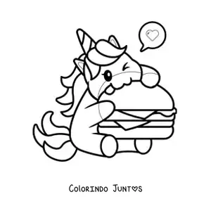 Desenho para colorir de unicórnio kawaii comendo um hambúrguer