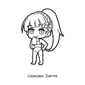 Desenho para colorir de boneca japonesa kawaii de biquíni comendo um picolé