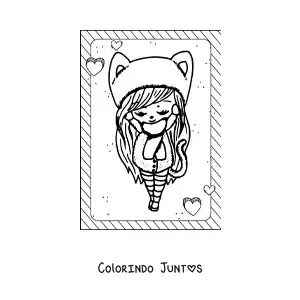 Desenho para colorir de boneca kawaii com gorro de orelhas de gato