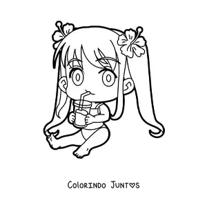 Desenho para colorir de menina kawaii sentada de maiô com uma bebida