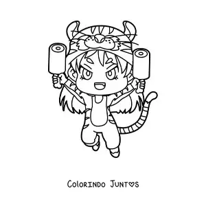 Desenho para colorir de boneca kawaii com fantasia de tigre