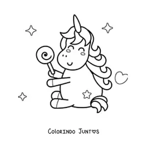 Desenho para colorir de um unicornio kawaii sentado com um pirulito e brilhos ao fundo
