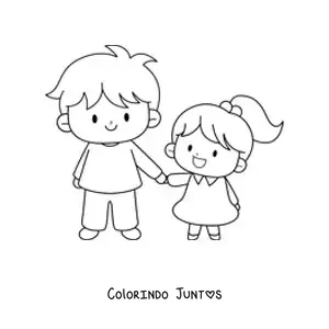 Desenho para colorir de menino de mãos dadas com a irmãzinha