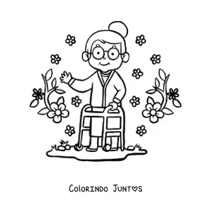 Desenho para colorir de vovó fofa com andador e fundo de flores