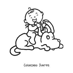 Desenho para colorir de bebê em cima de um cachorro animado