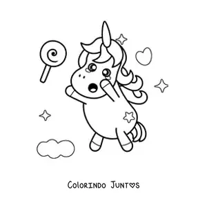 Desenho para colorir de um unicornio kawaii em pe tentando pegar um pirulito