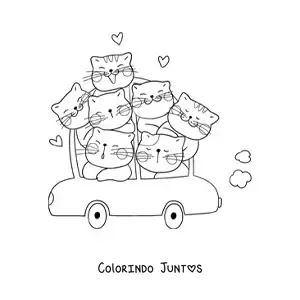 Desenho para colorir de gatos kawaii em um carro