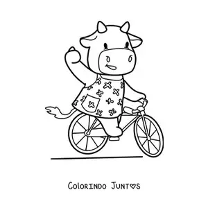 Desenho para colorir de vaca kawaii animada andando de bicicleta