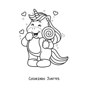 Desenho para colorir de um unicornio com um pirulito em espiral e coracoes ao fundo