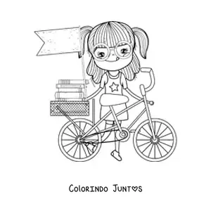 Desenho para colorir de menina com bicicleta e livros