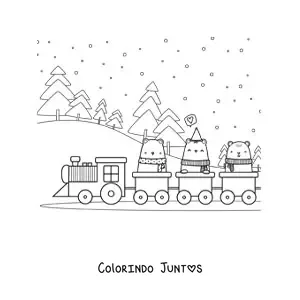 Desenho para colorir de ursos kawaii animados em um trem