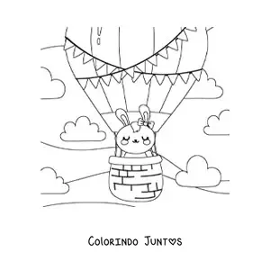 Desenho para colorir de coelho animado kawaii em um balao de ar quente