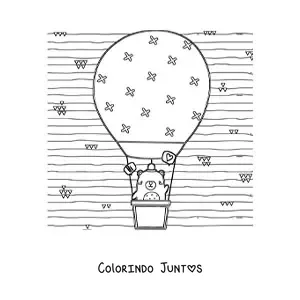 Desenho para colorir de urso animado kawaii em um balao de ar quente