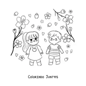 Desenho para colorir de criancas kawaii vendo flores de cerejeira