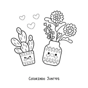 Desenho para colorir de vaso com flores kawaii ao lado de um cacto