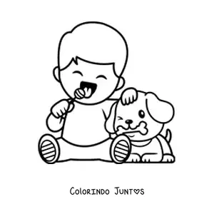 Desenho para colorir de um menino comendo um pirulito junto de um cachorrinho com seu osso