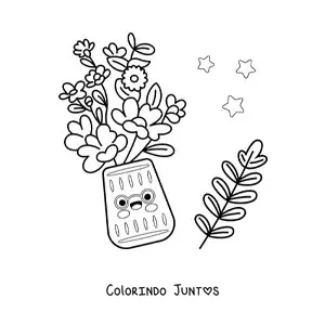 Desenho para colorir de vaso com flores kawaii com estrelas