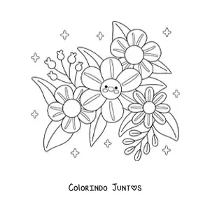 Desenho para colorir de flores kawaii grandes com folhas