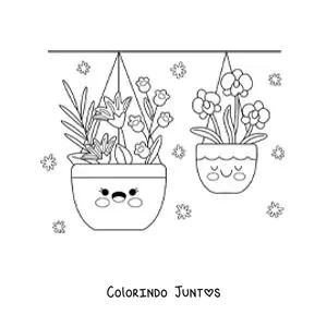 Desenho para colorir de vasos suspensos com flores kawaii