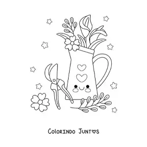Desenho para colorir de vaso com flores kawaii ao lado de uma tesoura de poda