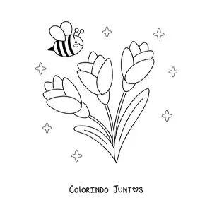 Desenho para colorir de abelha kawaii com flores grandes